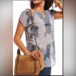 CAbi #278 Gray and Blue Patterned Blouse